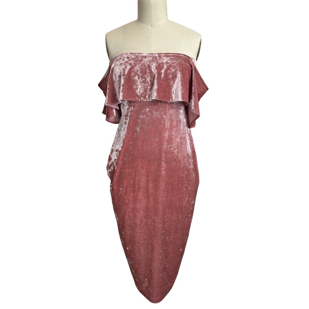 Made by Me: Maternity Elegant Pink Velvet Velour Off-Shoulder Midi Dress Shower - Picture 3 of 9